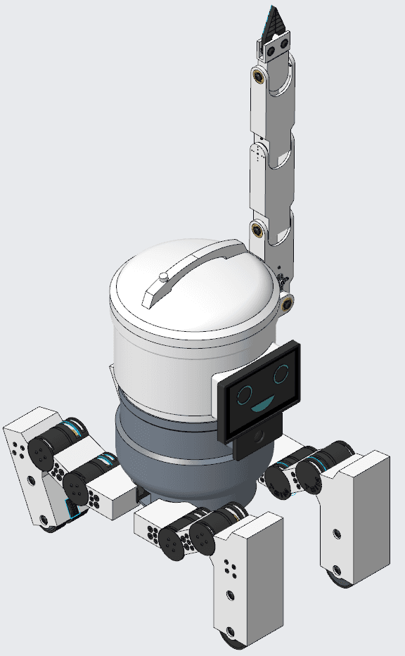 CAD render of MIST, a rice-cooker robot with four articulated legs